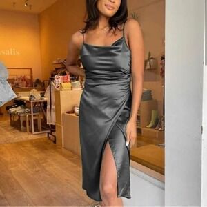 Isalis Sofia Cowl Neck Sleeveless Side-Slit Silky Slip Midi Dress Purple Gray L